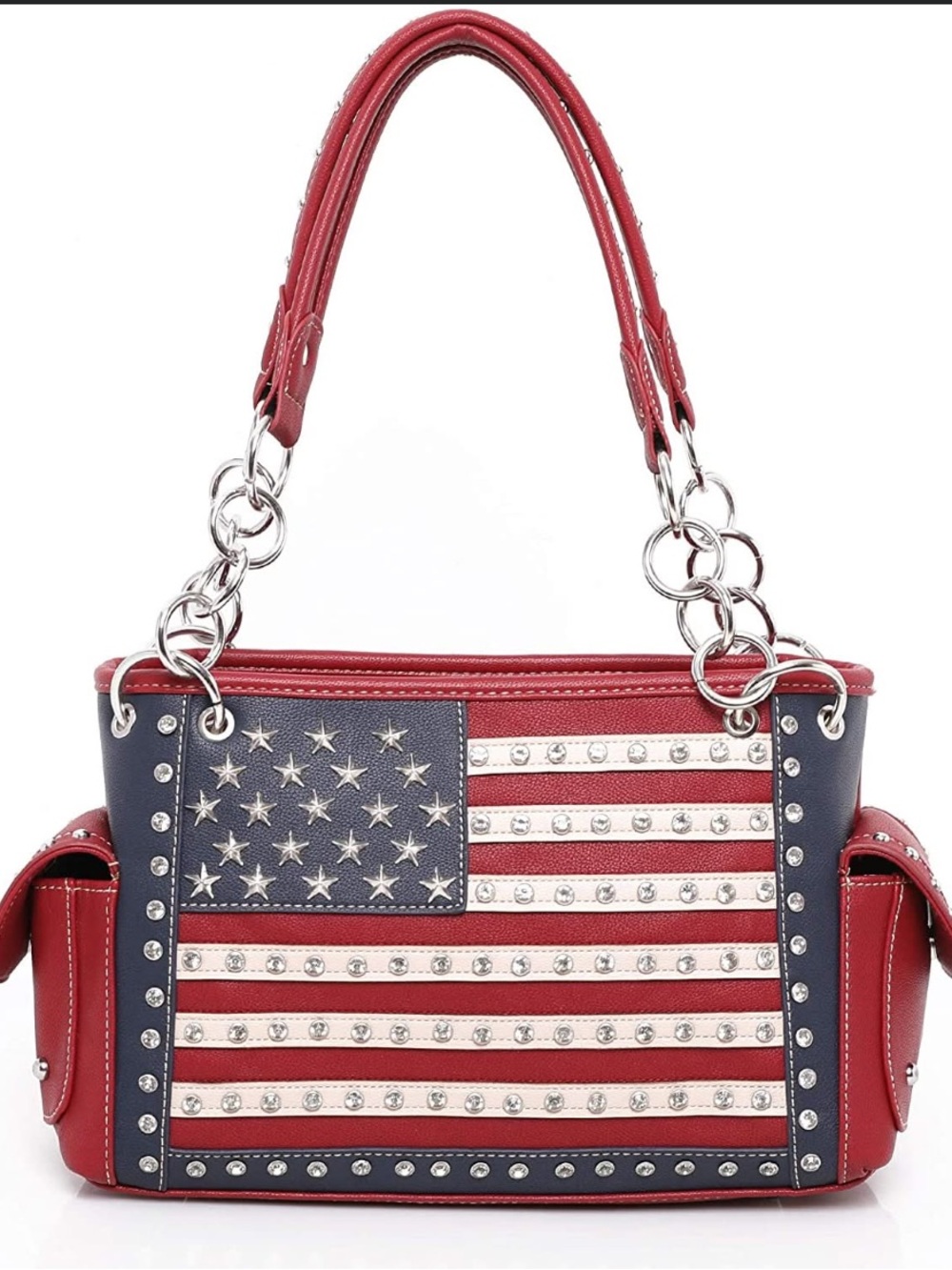 Montana West Red Faux Leather Americana Studded Tote Bag Patriotic Flag Design